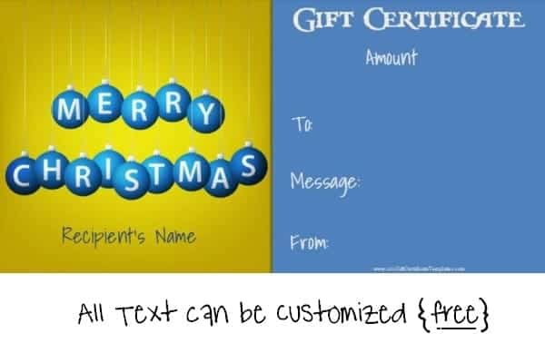 christmas gift certificate template in blue and yellow