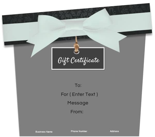 black, white and grey gift certificate template in the shape of a gift box