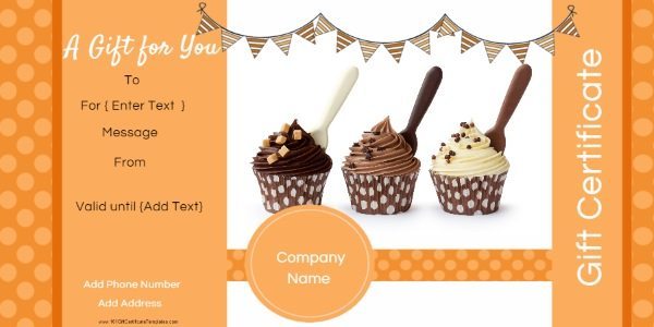 gift certificate template in shades of orange. This example has a photo of cupcakes but the photo can be replaced. Suitable for bakery or any other business if the photo is customized.