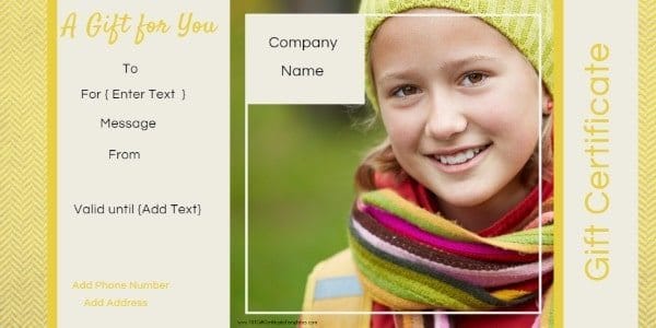 gift certificate template in shades of yellow and green. It has a photo of a young girl but the photo can be customized.