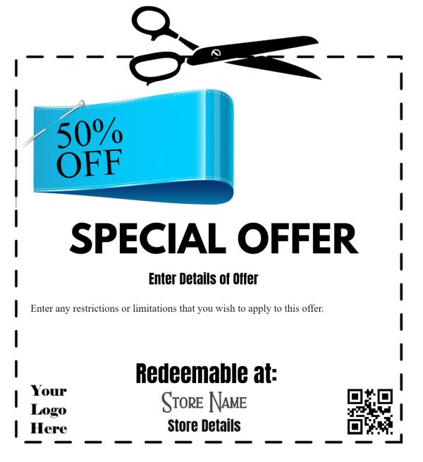 coupon template with a blue ribbon on it. It reads special offer, 50% off, redeamable at, but the text is editable