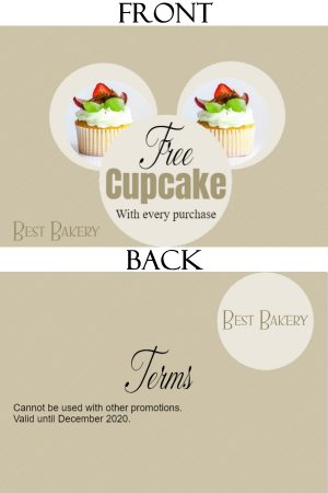 Sample for a bakery showing two cupcakes but photos can be replaced