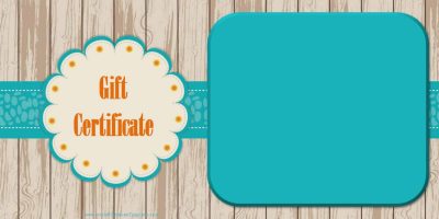 Gift certificate with a light wood background and a blue/green ribbon