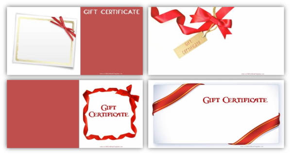Four sample gift certificate templates that you can customize on this site