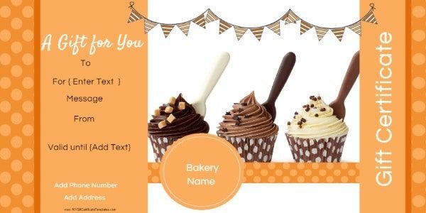 orange gift card with three cupcakes with chocolate frosting