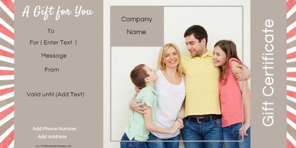 gift certificate with a photo of a family perfect to give a personalized gift certificate from your family.