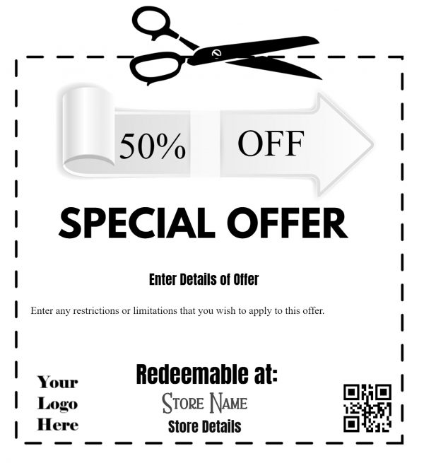 Create a coupon. black and white sample. with space to enter the details of the offer.