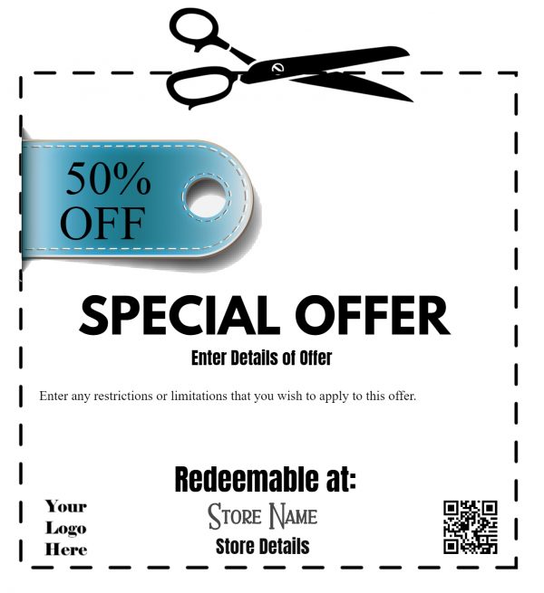 custom coupon template that you can customize before you download or print. It has a barcode, space for your logo, scissors icon and editable text