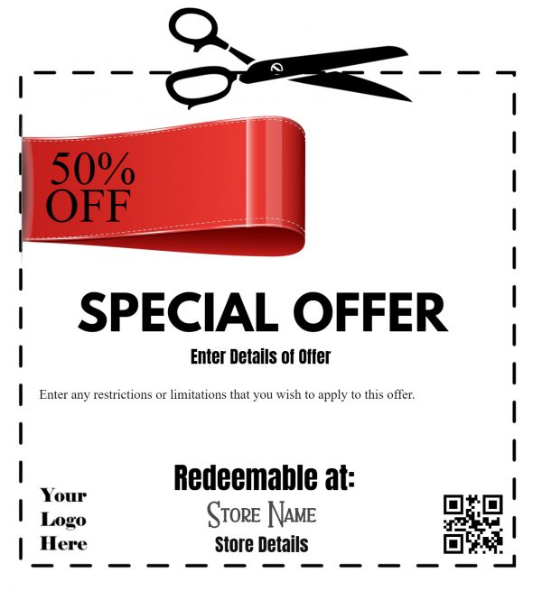 coupon template with a red ribbon on it. It reads special offer 50% but the text is editable