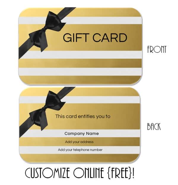 A gold gift card template with black ribbons