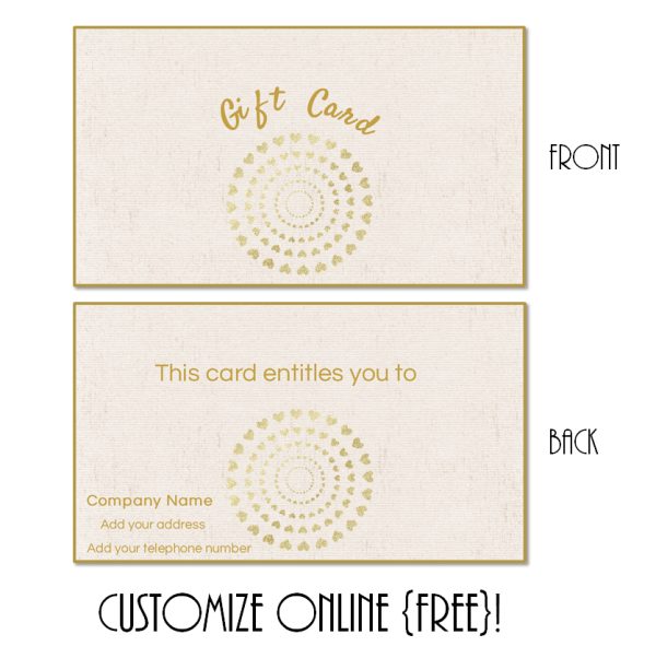 gift card template with a cremem textured background and a round design with little gold hearts