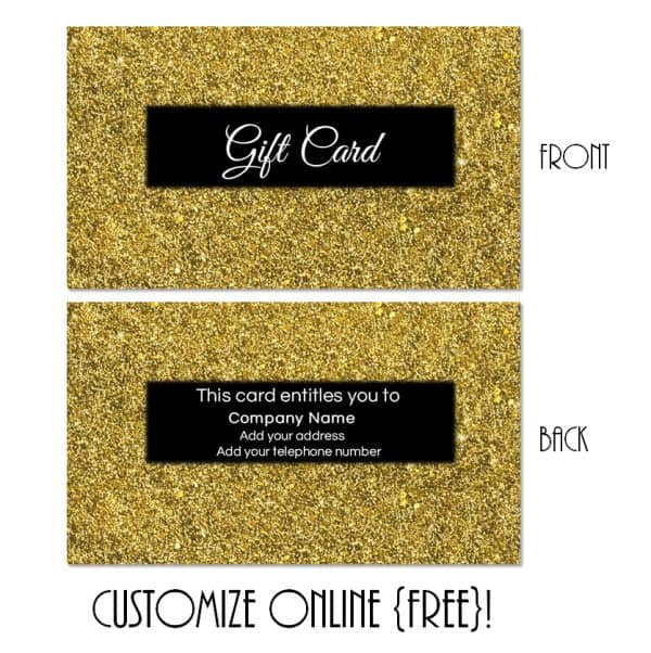 gold and black gift card with a gold glitter border