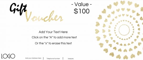 Gift voucher with a white background and gold text and gold hearts