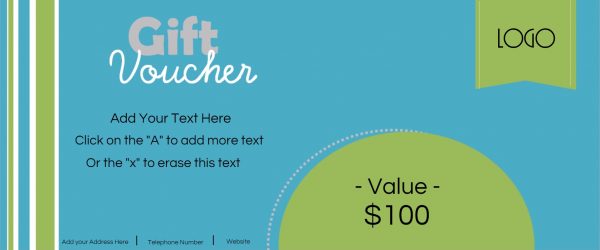 Blue and green gift voucher with customisable text.