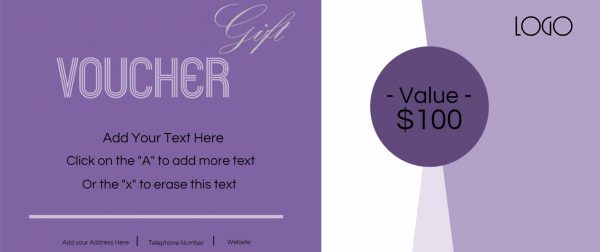 Gift voucher in shades of purple. All text can be customised.