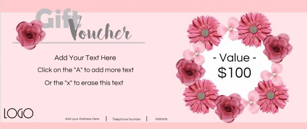 Gift voucher with paper flowers in shades of pink