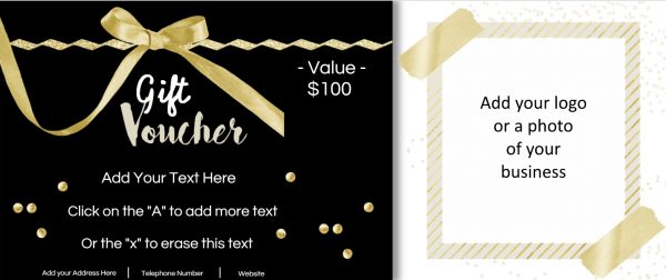 Black and gold voucher with a gold ribbon and space to add a photo of your business or you logo