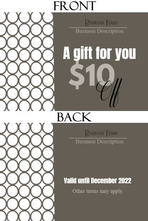 Sample gift certificate template with a polka dot design on the left and a grey background