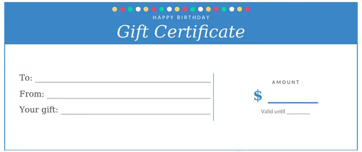 Blue birthday gift certificate template for Word with colorful confetti dots