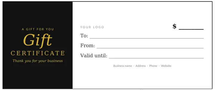 Black and gold business gift certificate template for Word with a logo space and dollar value