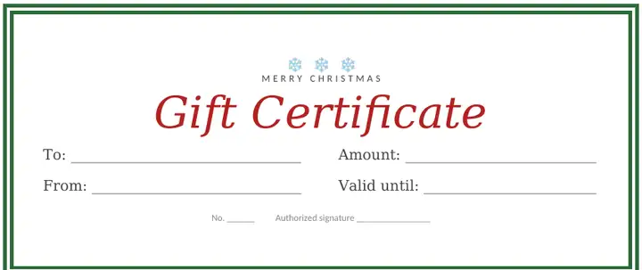 Red and green Christmas gift certificate template for Word with snowflakes