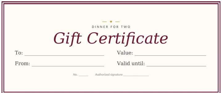 Burgundy restaurant gift certificate template for Word for a dinner for two