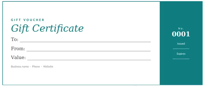 Teal gift voucher template for Word with a numbered tear-off stub